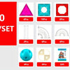 A set of magnetic building blocks tiles with various shapes and sizes, including triangles, circles, and arches.