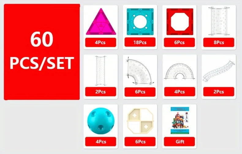 A set of magnetic building blocks tiles with various shapes and sizes, including triangles, circles, and arches.