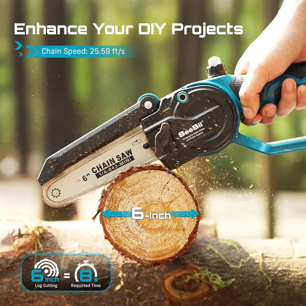 A hand operates a blue and black cordless 6-inch chainsaw on a log, demonstrating its cutting power.