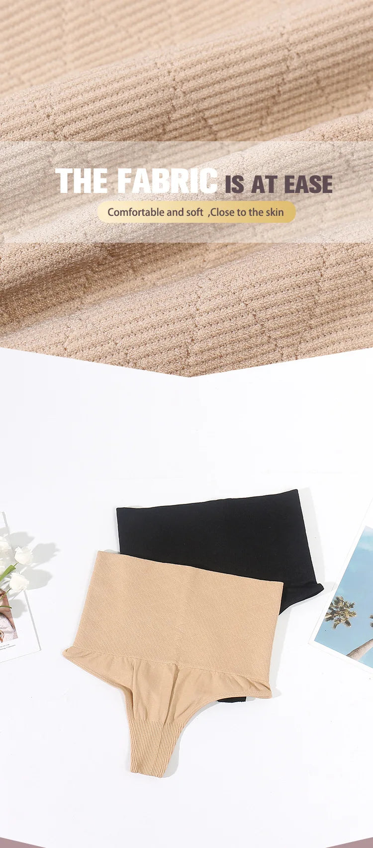 A beige high-waist tummy control thong shaper and a black pair of similar garment laid on a white surface.