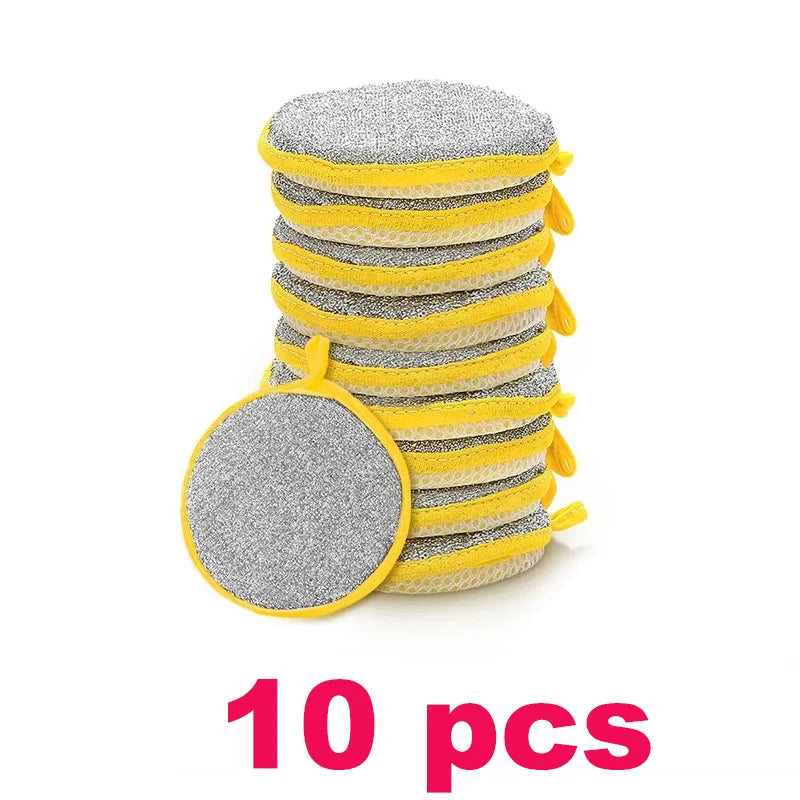 A stack of ten yellow and gray double-sided non-stick dish sponges with scouring pads.