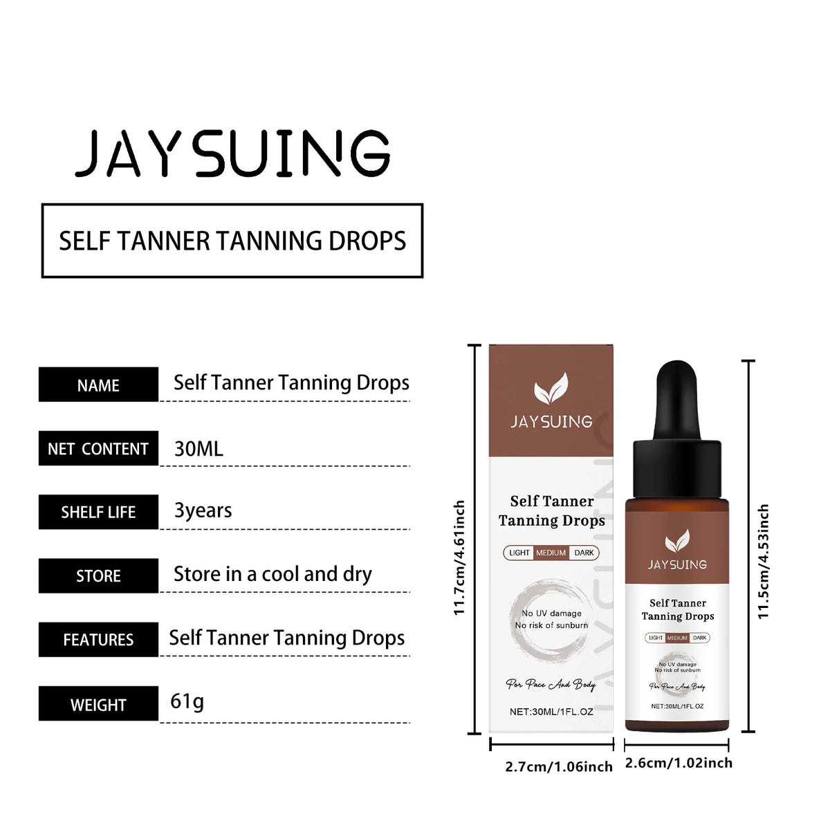 Jaysuing Self Tanner Tanning Drops in a dark amber bottle with a black dropper cap