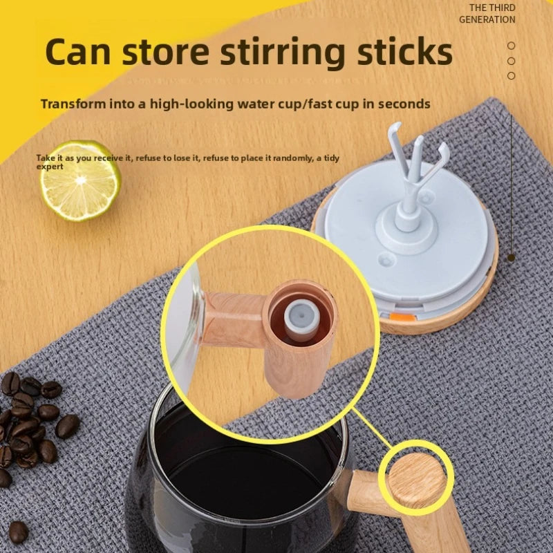 A close-up of a rechargeable self-stirring mug with a wooden handle being used to stir a dark liquid.