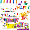 A set of colorful popcorn pens and a yellow box demonstrating how to add heat to make art for cards and crafts.