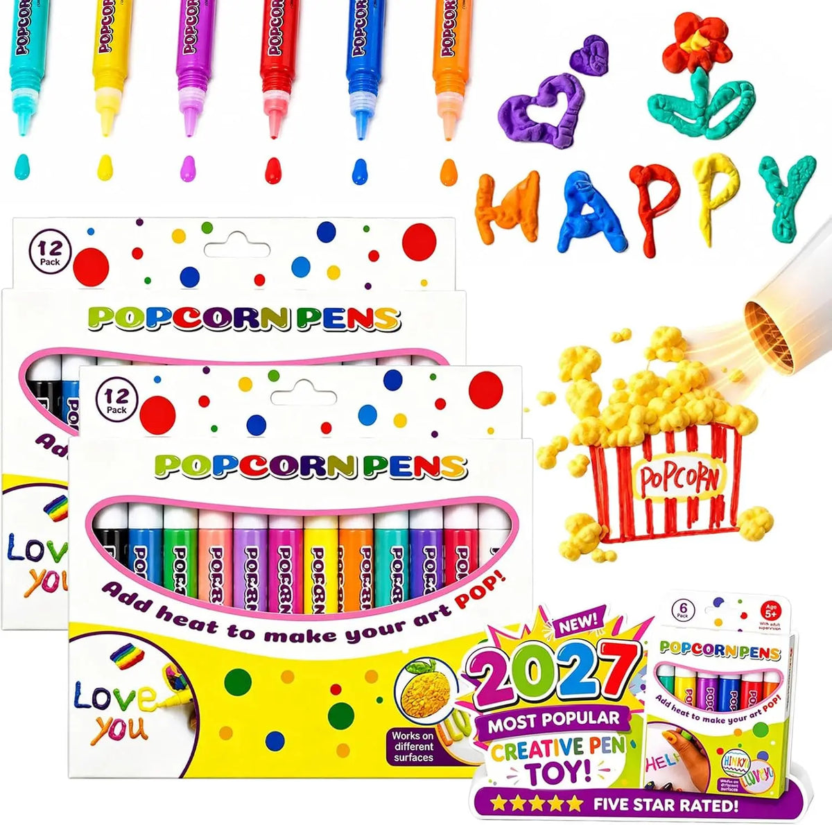 A set of colorful popcorn pens and a yellow box demonstrating how to add heat to make art for cards and crafts.