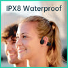 A woman is shown wearing bone conduction sports headphones while smiling, highlighting the IPX8 waterproof feature.