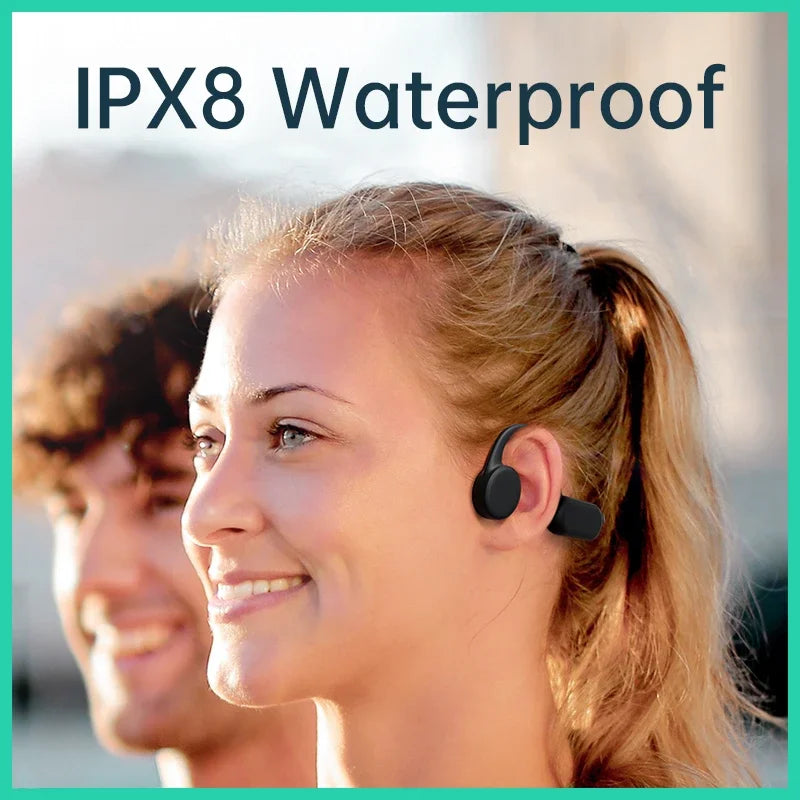 A woman is shown wearing bone conduction sports headphones while smiling, highlighting the IPX8 waterproof feature.
