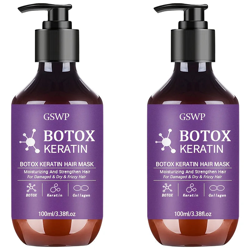 To mørkebrune flasker med GSWP Botox Keratin hårmaske for fukt og styrke
