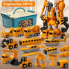 A collection of yellow and orange magnetic engineering car robot building blocks and construction toys.