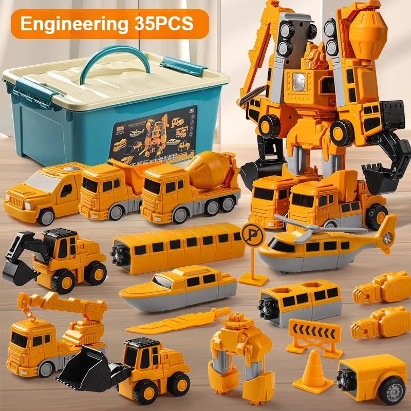A collection of yellow and orange magnetic engineering car robot building blocks and construction toys.