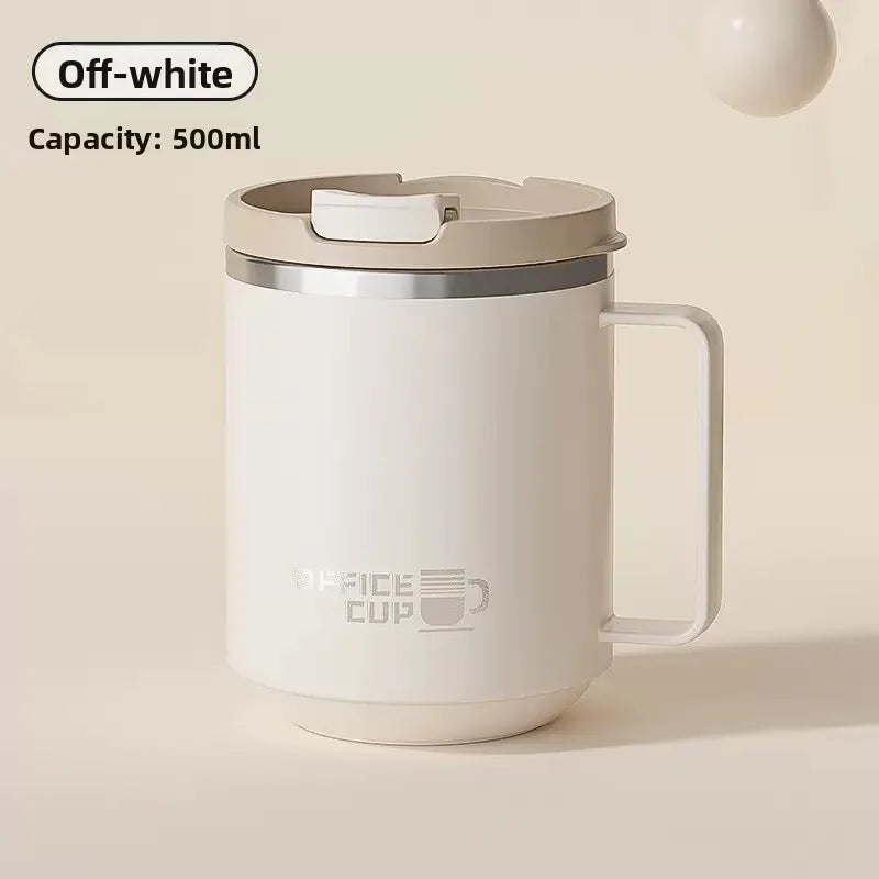 Off-white double wall insulated stainless steel travel mug with a silver lid and handle