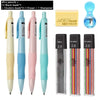 A set of 4 mechanical pencils with black leads, 12 colored leads, an eraser, and a sharpener.