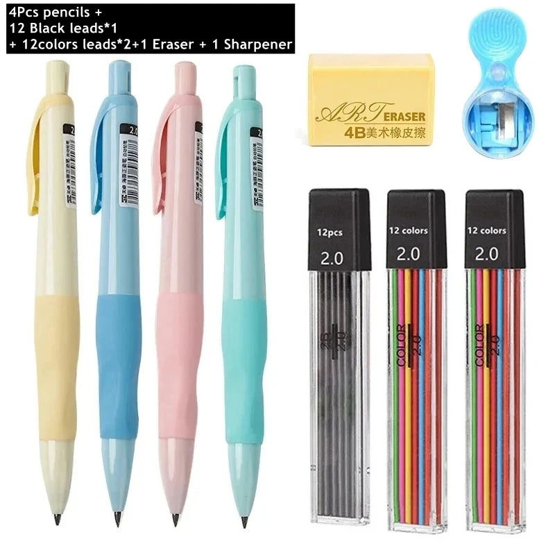 A set of 4 mechanical pencils with black leads, 12 colored leads, an eraser, and a sharpener.