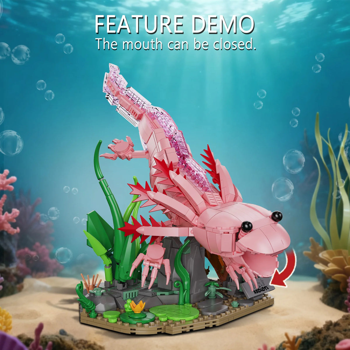 A pink dragon sculpture building block set featuring a fierce creature with sharp teeth and vibrant scales.