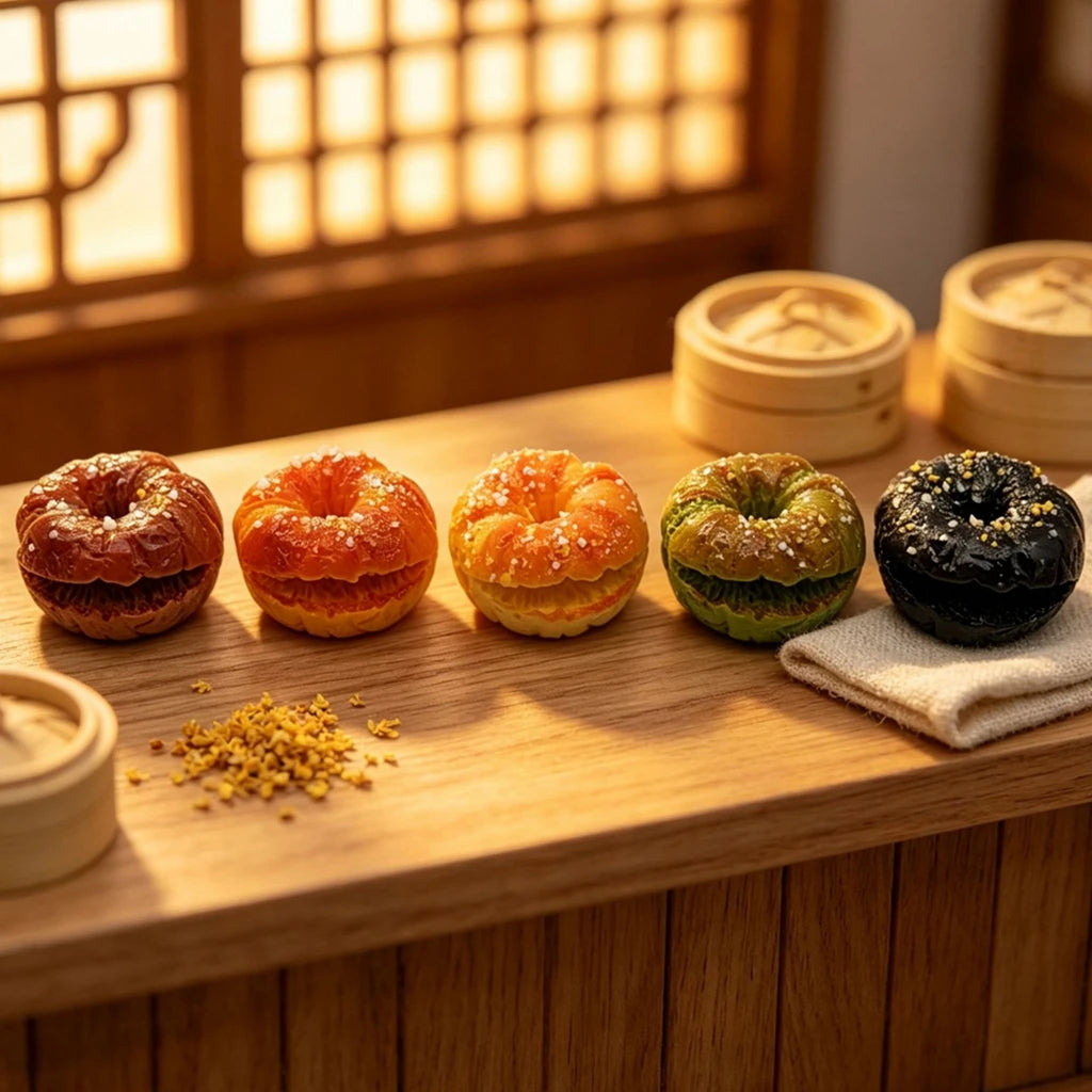 En samling miniatyrbakverk av resin, som donuts og wienerbrød, vist på en treoverflate.