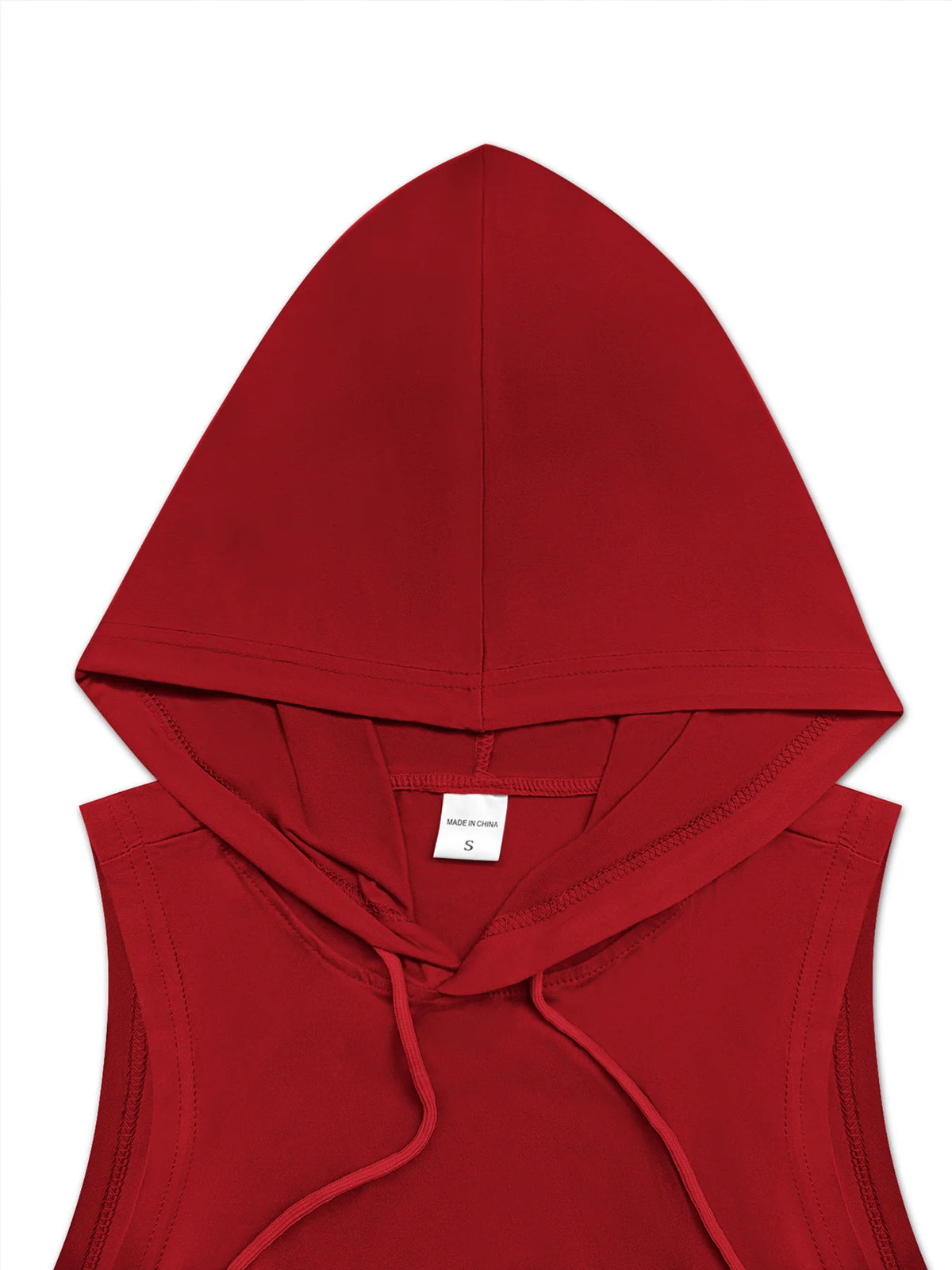 A red men's performance hooded tank top is shown from the front.