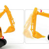 A yellow die-cast excavator model with an attached storage carrier on a black chassis.
