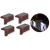 Four solar powered deck lights in a brown housing with illuminated LED strips shown alongside an inset photo.