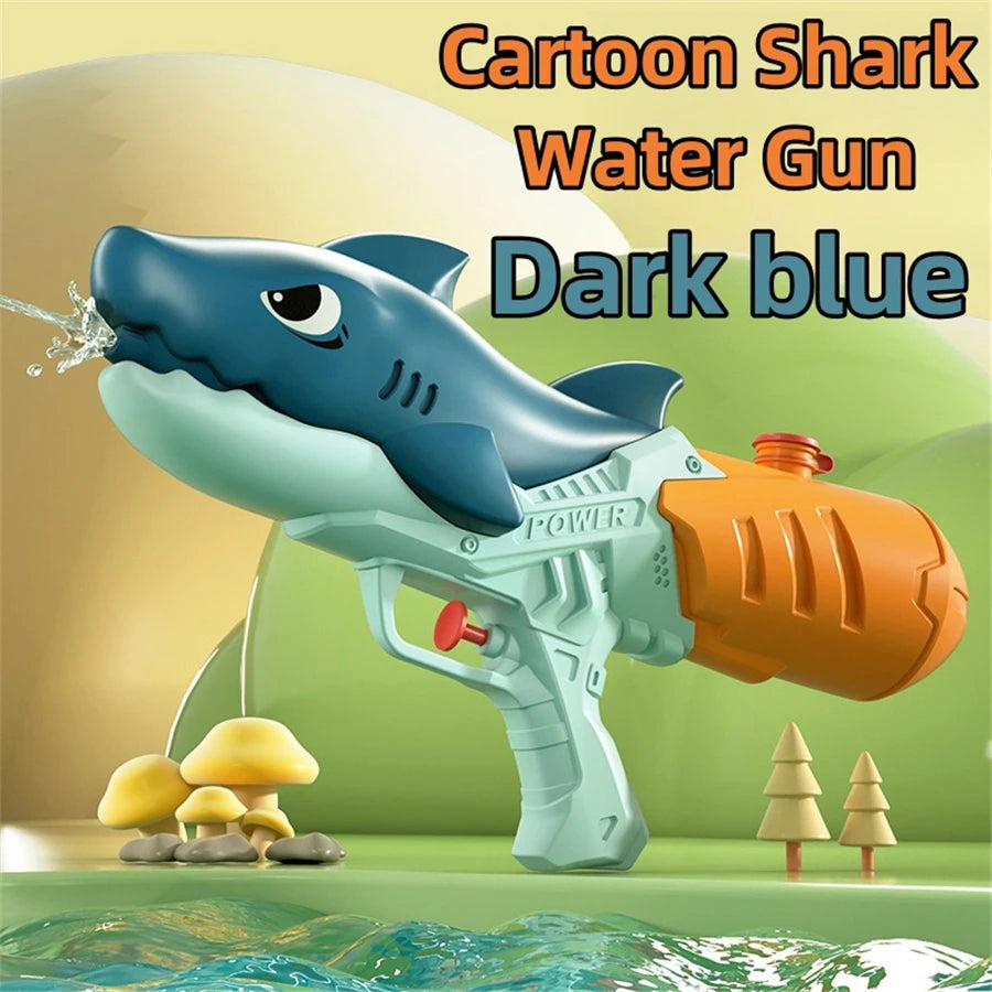 A dark blue cartoon shark water gun is shown in a green outdoor setting with water splashing.