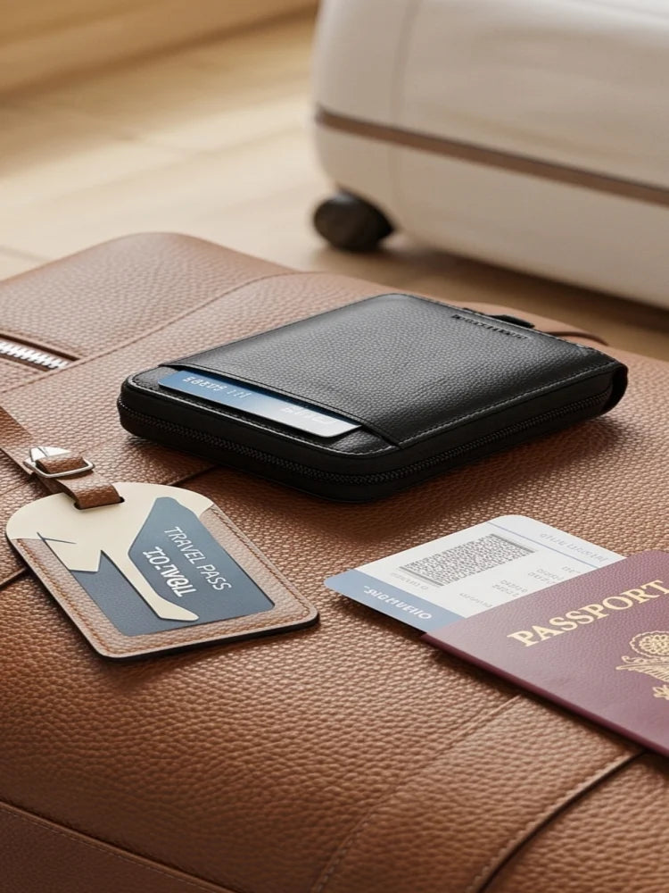 A brown leather travel bag with a black card holder and a passport resting on it.