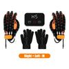 Set of black hand rehabilitation robot gloves with orange accents and a control panel
