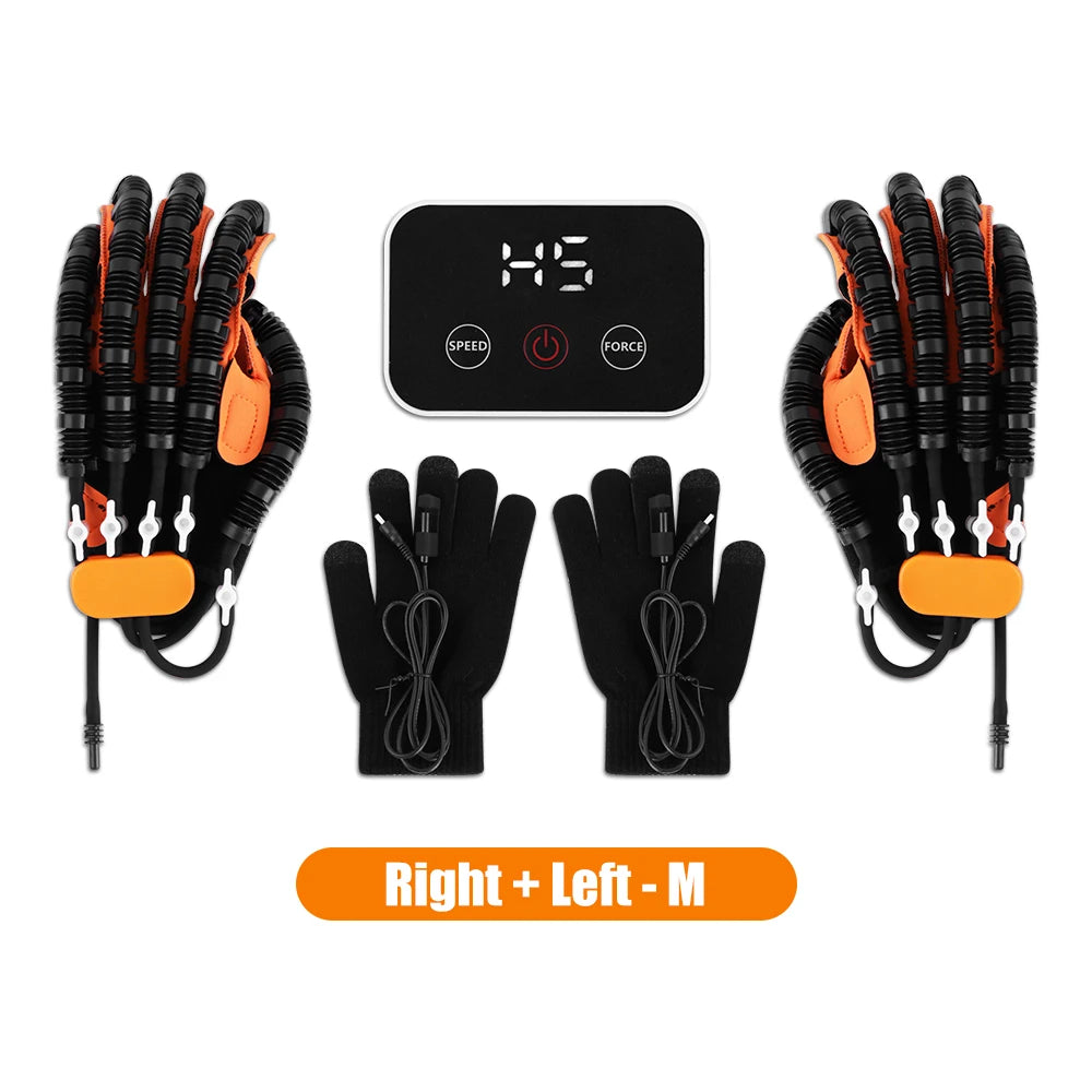 Set of black hand rehabilitation robot gloves with orange accents and a control panel