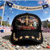 Black baseball cap featuring a patriotic graphic design with an eagle, a cross, and a statue of liberty.