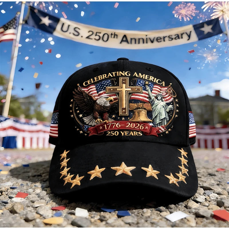 Black baseball cap featuring a patriotic graphic design with an eagle, a cross, and a statue of liberty.