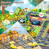 A set of magnetic tiles for building a rail road track with an electric sliding car and various animal and engineering scenar