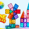 A colorful set of 66-piece Starshine magnetic tiles stacked into a tall building structure.