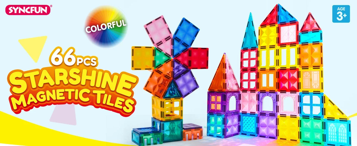 A colorful set of 66-piece Starshine magnetic tiles stacked into a tall building structure.