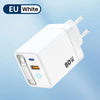 A white 80W USB-C fast charger with a retractable cable is shown against a light blue background.