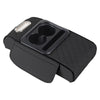 Black car center console organizer with a padded armrest and cup holder insert