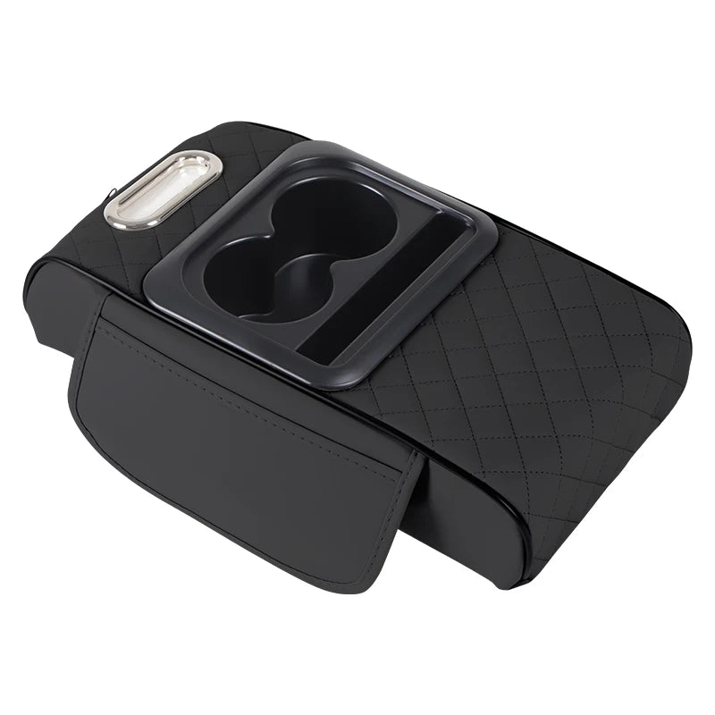 Black car center console organizer with a padded armrest and cup holder insert
