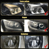 Before and after images showing headlight restoration fluid removing yellowing, scratches, and oxidation from car headlights.