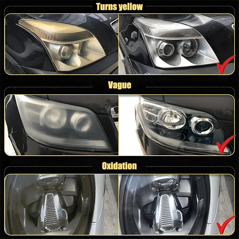 Before and after images showing headlight restoration fluid removing yellowing, scratches, and oxidation from car headlights.