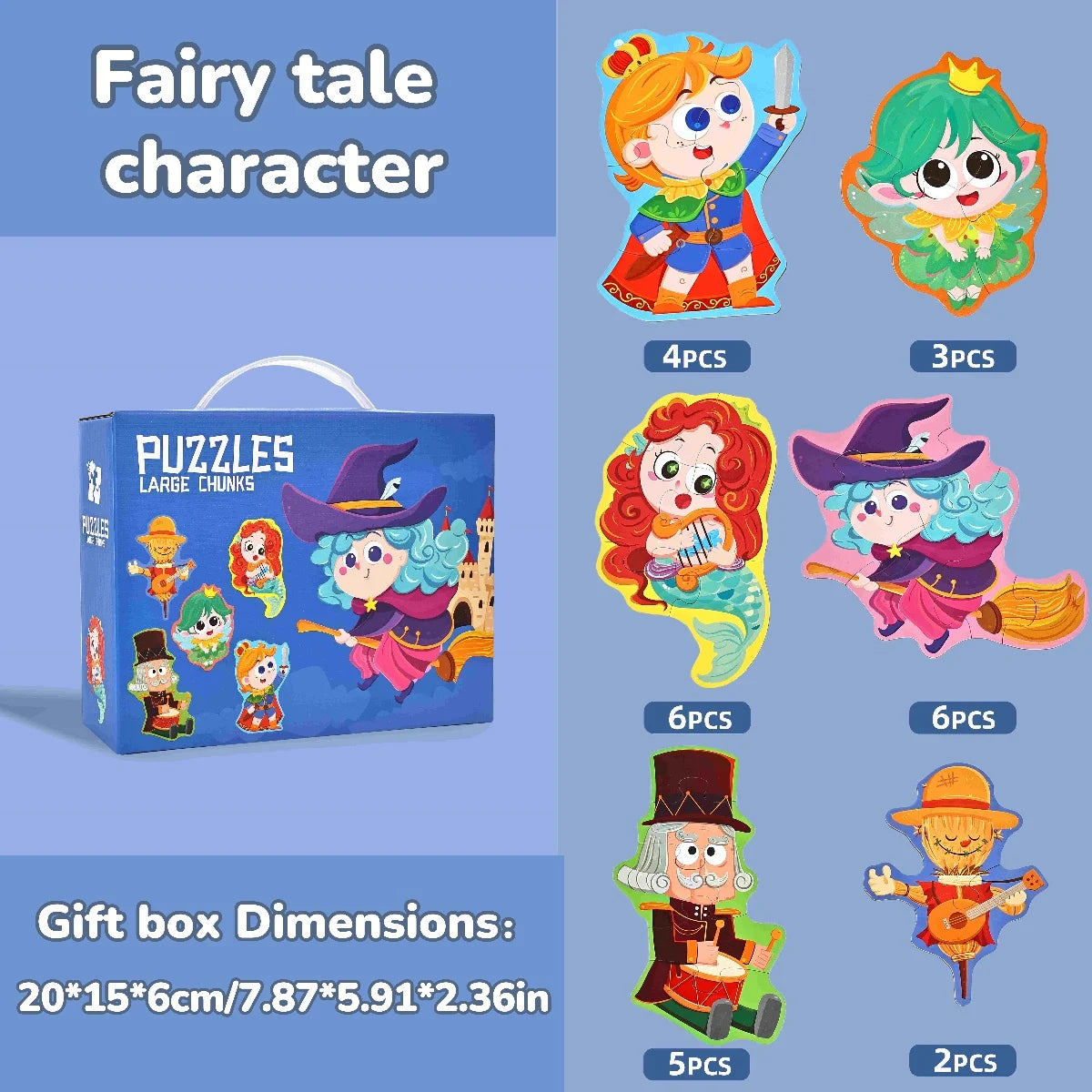 A box of fairy tale character puzzles featuring various characters in different piece counts