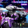 A purple and black 4-round stunt tank RC car with a controller and accessories displayed on a dark surface.