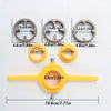 A set of six pipe thread dies in silver and yellow plastic for cutting threads on PVC and NPT pipes.