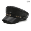 Black PU leather beret hat with gold-toned adjustable strap and closure