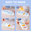 Four steps showing how to make popsicles using silicone molds for kids