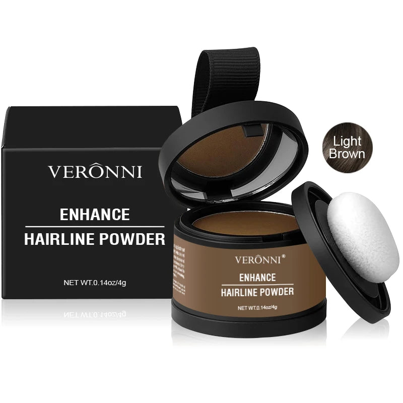 Veronni Enhance Hairline Powder in light brown shown with packaging and applicator.