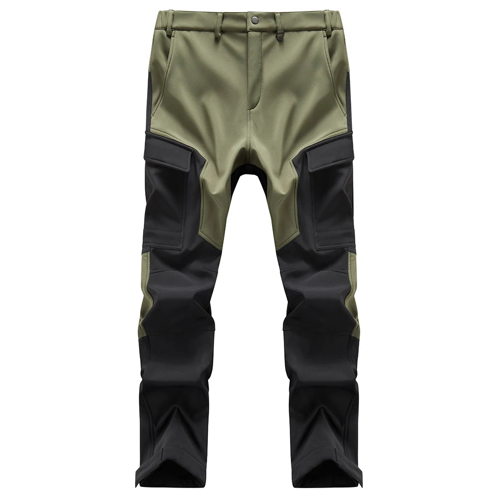 Men's waterproof insulated fleece pants in olive green and black fabric