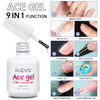 Flacon d'Ace Gel 9-en-1 avec divers gels en application sur un ongle.