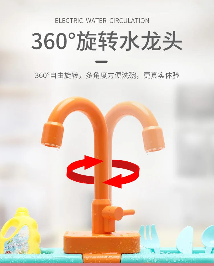 An orange faucet with a 360-degree rotating nozzle is shown mounted on a play kitchen sink.
