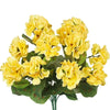 A bouquet of lifelike yellow artificial geranium flowers on green leaves.