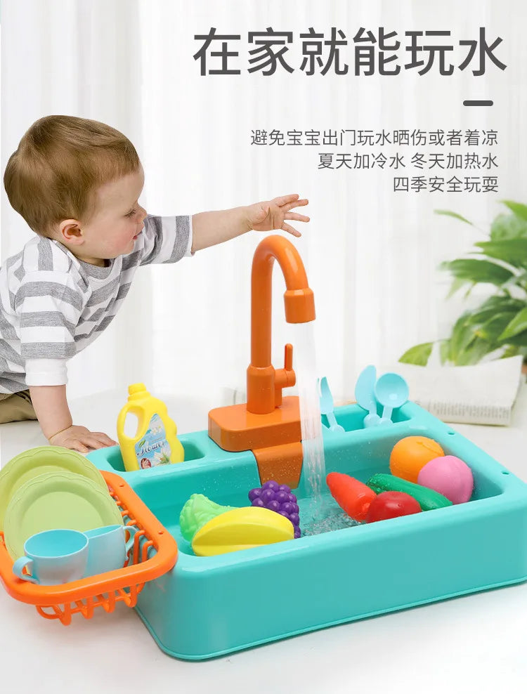 A child plays with a colorful pretend kitchen sink set that simulates running water.