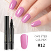 A hand displays a manicure with pink gel polish, featuring various nail shapes and a black gel pen for application.