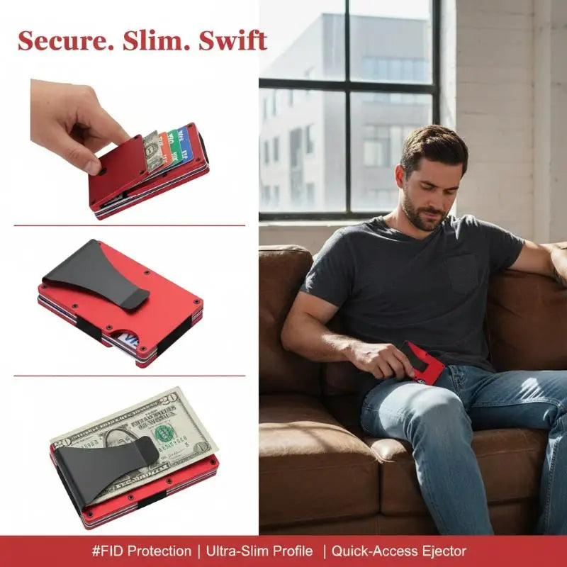 A red slim RFID-blocking wallet with a black money clip is shown being held and used.