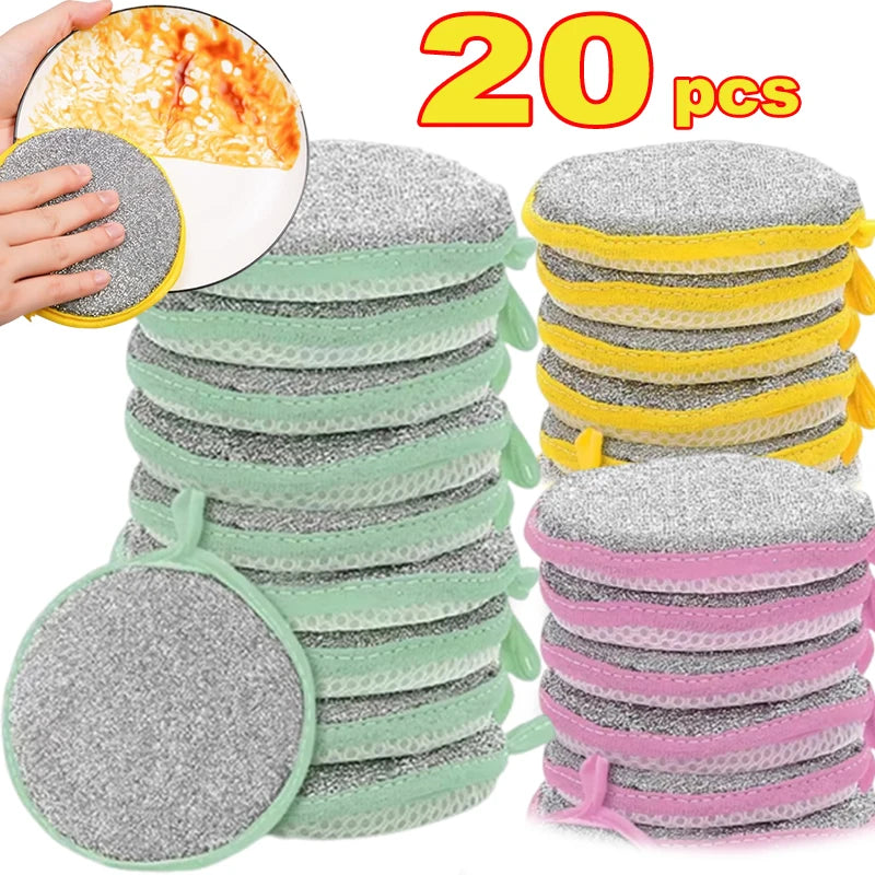 A stack of 20 double-sided non-stick dish sponges in various shades of green and gray.